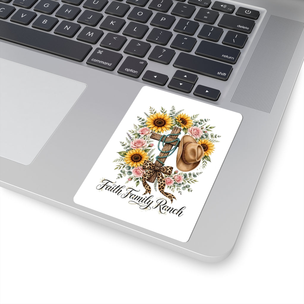 Faith Family Ranch Sunflower Cross Sticker — Western Cowboy Hat Kiss-Cut Decal