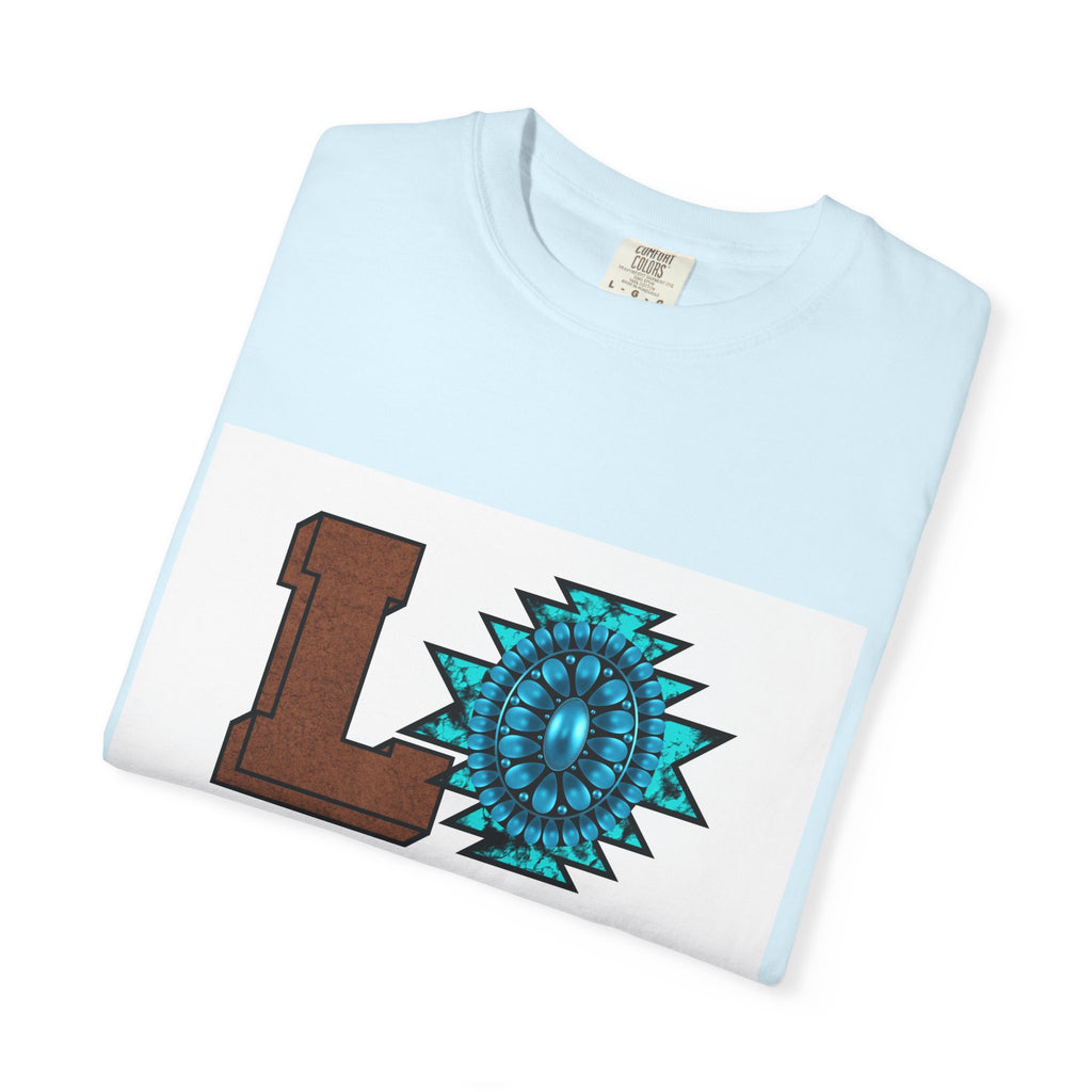 LOVE Southwestern Graphic T-Shirt — Turquoise Aztec Heart Design