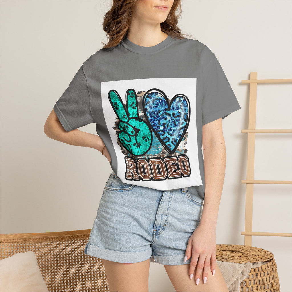 Peace Love Rodeo T‑Shirt — Turquoise Leopard Graphic Rodeo Tee