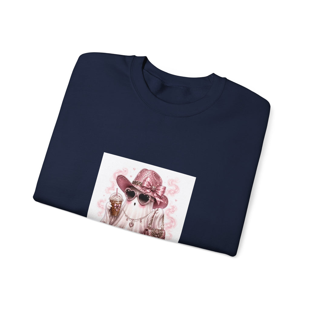Ghost in Shades Crewneck Sweatshirt — Cute Pink Halloween Ghost Graphic