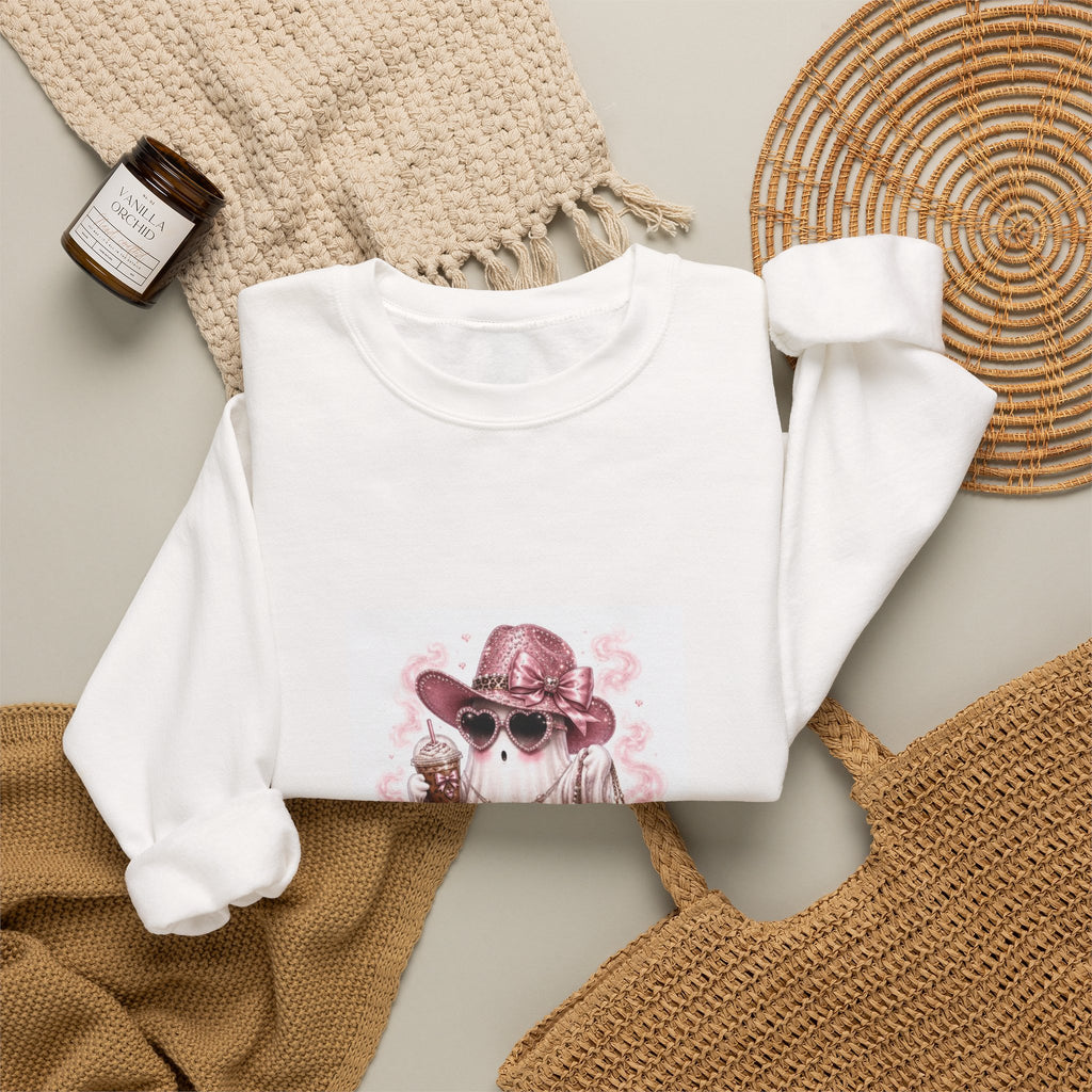 Ghost in Shades Crewneck Sweatshirt — Cute Pink Halloween Ghost Graphic