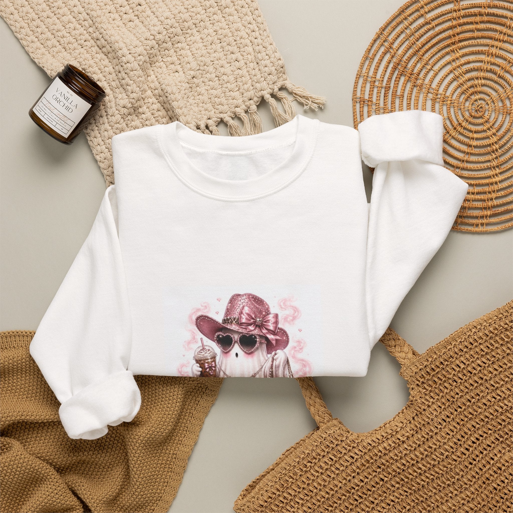 Ghost in Shades Crewneck Sweatshirt — Cute Pink Halloween Ghost Graphic