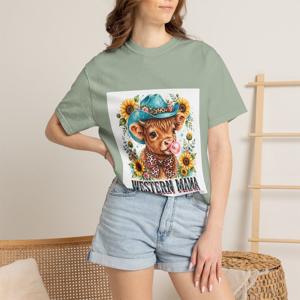 Western Mama Cow Tee — Cute Cow with Cowboy Hat & Sunflowers Graphic T-Shirt