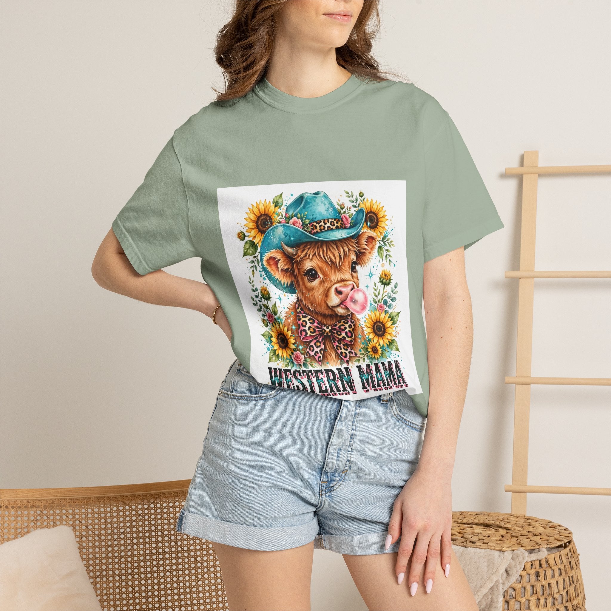 Western Mama Cow Tee — Cute Cow with Cowboy Hat & Sunflowers Graphic T-Shirt
