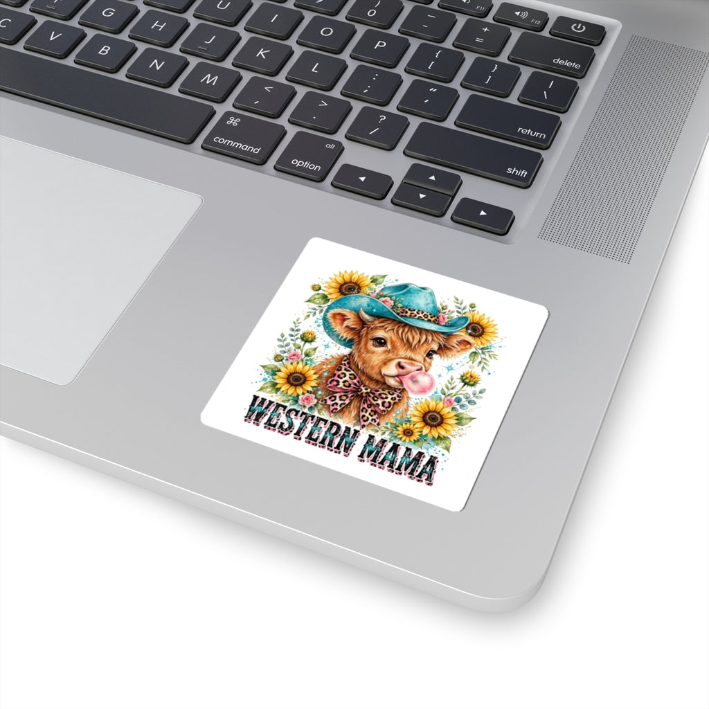 Western Mama Cow Sticker — Cute Cow in Cowboy Hat with Sunflowers (Kiss-Cut)