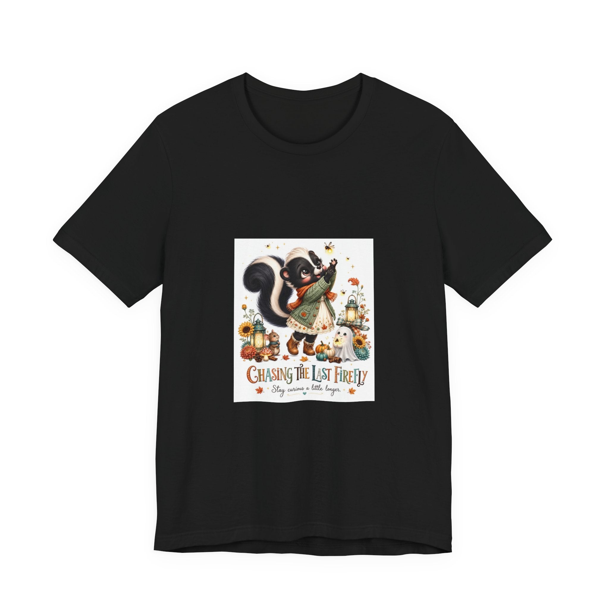 Skunk & Pumpkins Fall Tee — “Chasing the Last Firefly” Cute Autumn Graphic Shirt
