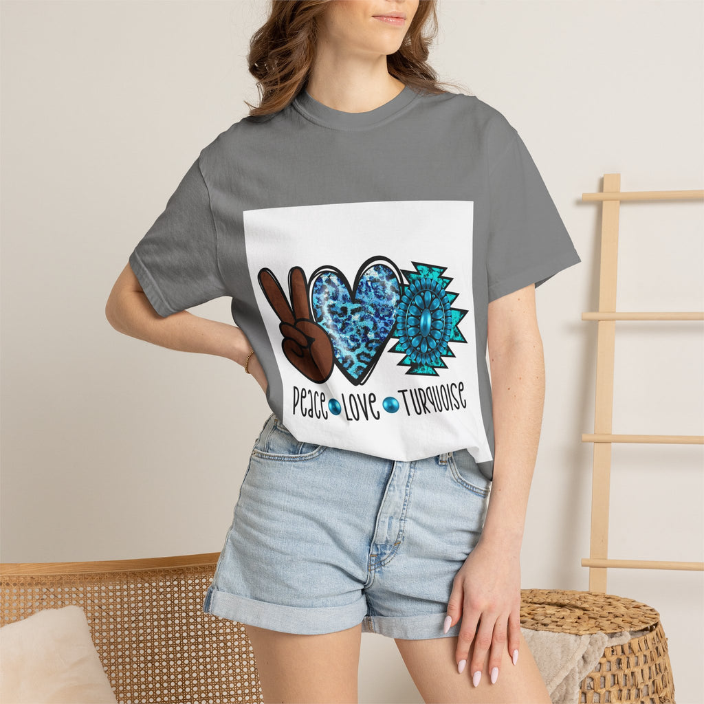 Peace Love Turquoise T-Shirt — Boho Peace Sign & Heart Graphic Tee