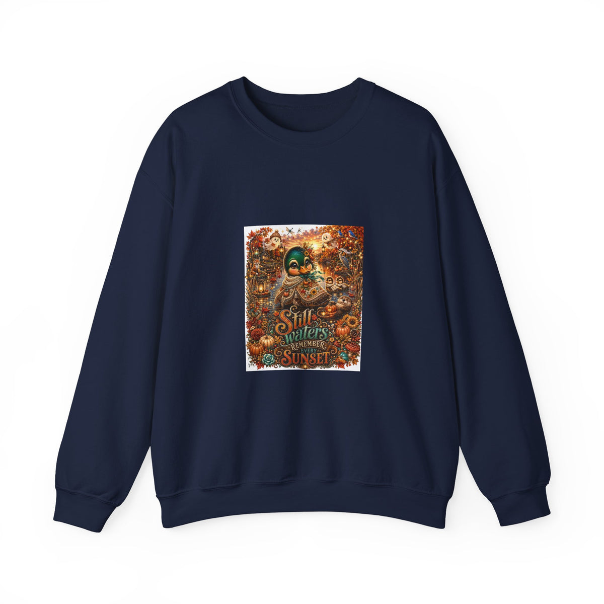 Autumn Sunset Skull Crewneck Sweatshirt – 'Still Waters' Vintage Halloween Graphic