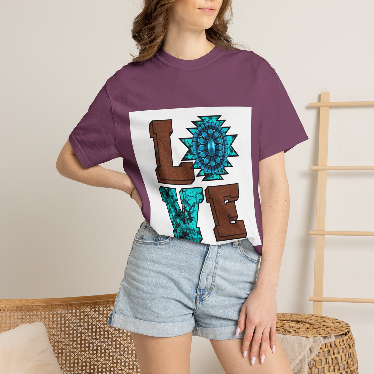 LOVE Southwestern Graphic T-Shirt — Turquoise Aztec Heart Design