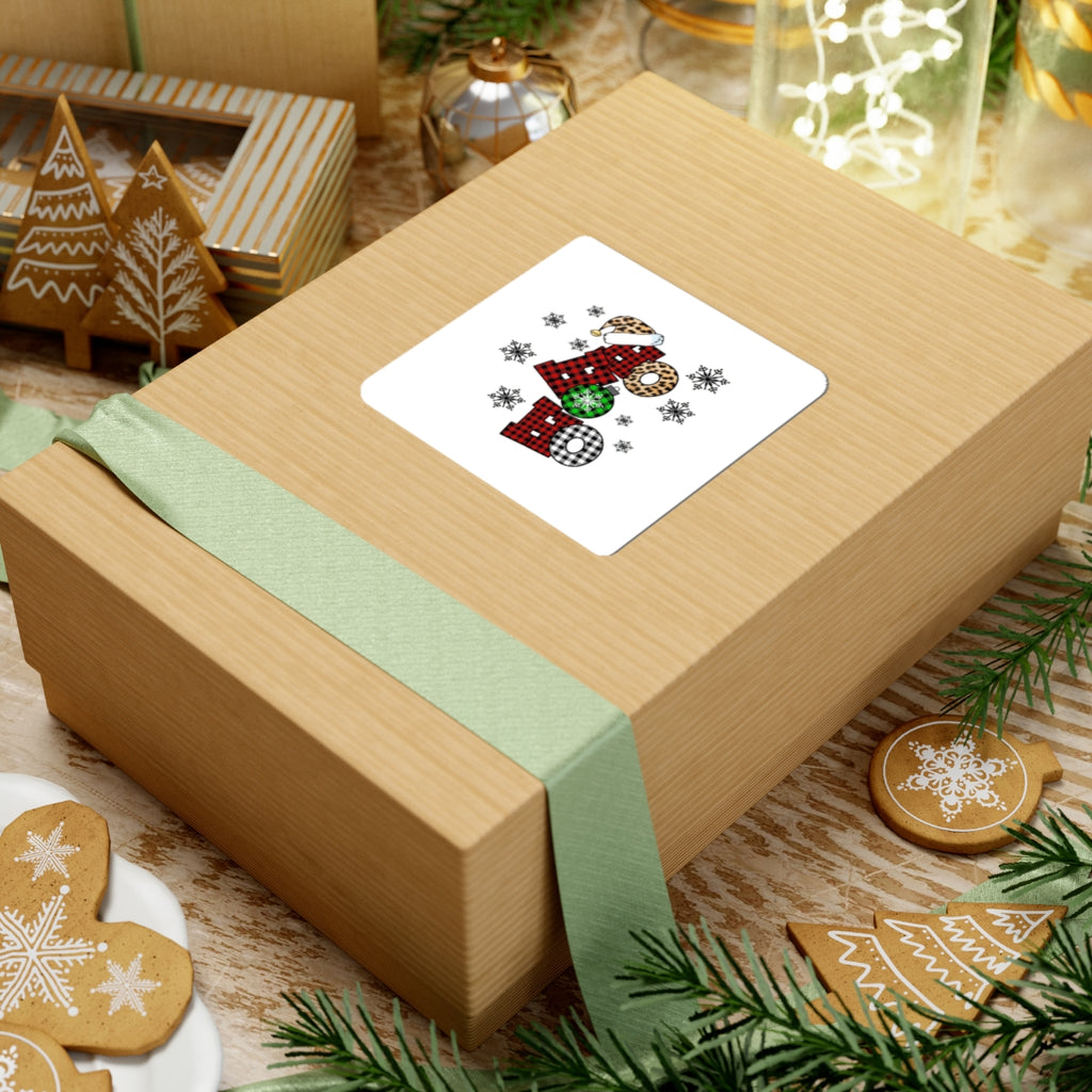 Holiday ‘Ho Ho Ho’ Plaid & Leopard Kiss-Cut Sticker — Christmas Snowflake Laptop Decal