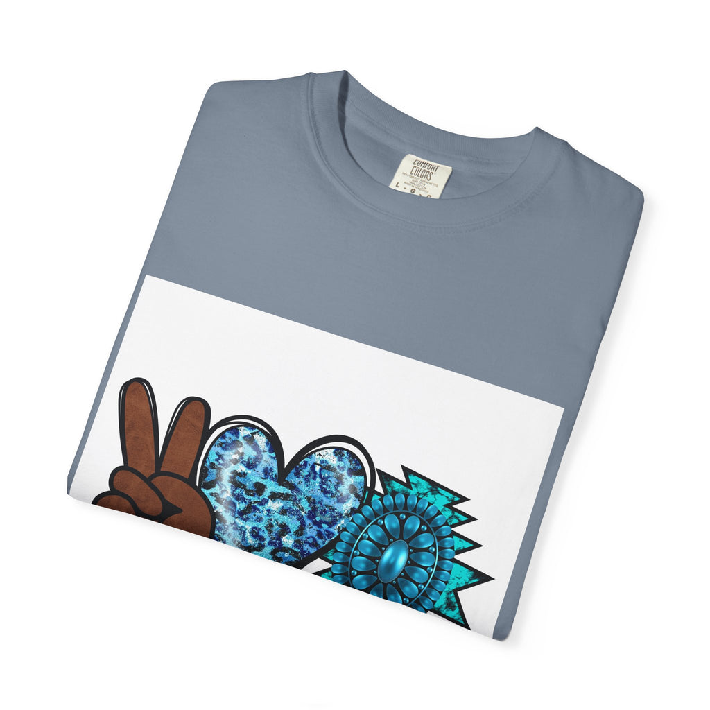 Peace Love Turquoise T-Shirt — Boho Peace Sign & Heart Graphic Tee