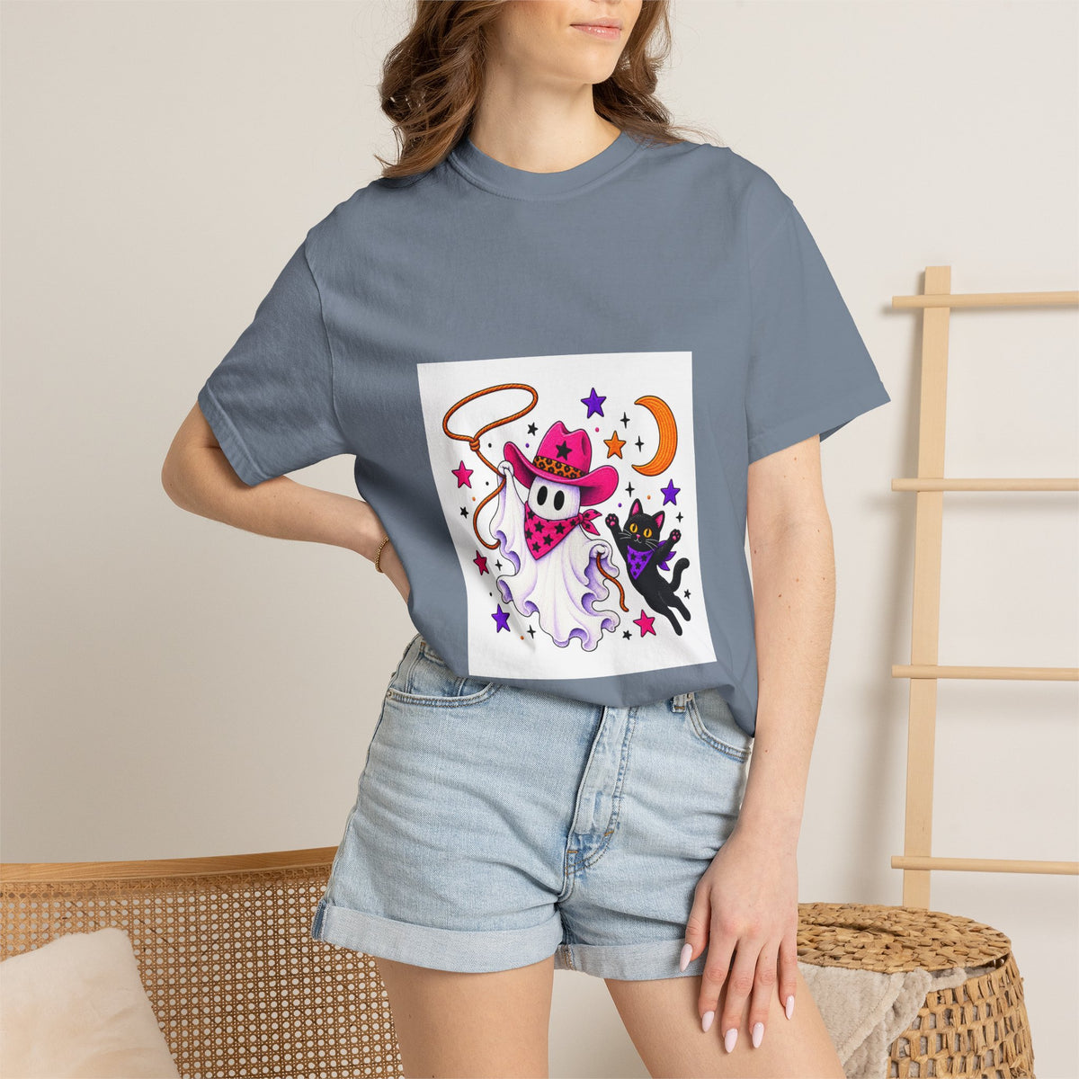 Cowboy Ghost and Black Cat Halloween T-Shirt