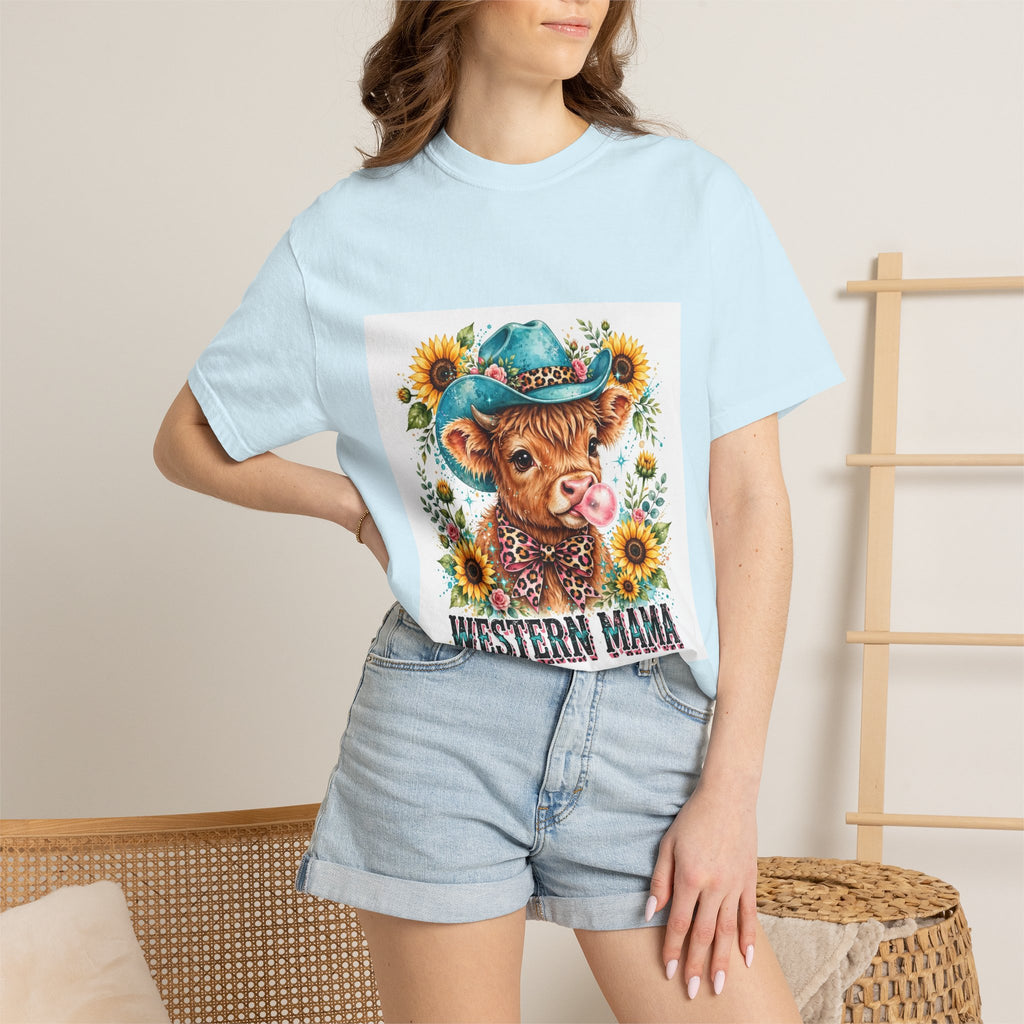 Western Mama Cow Tee — Cute Cow with Cowboy Hat & Sunflowers Graphic T-Shirt
