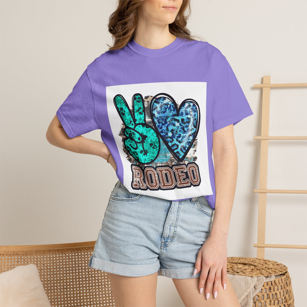 Peace Love Rodeo T‑Shirt — Turquoise Leopard Graphic Rodeo Tee