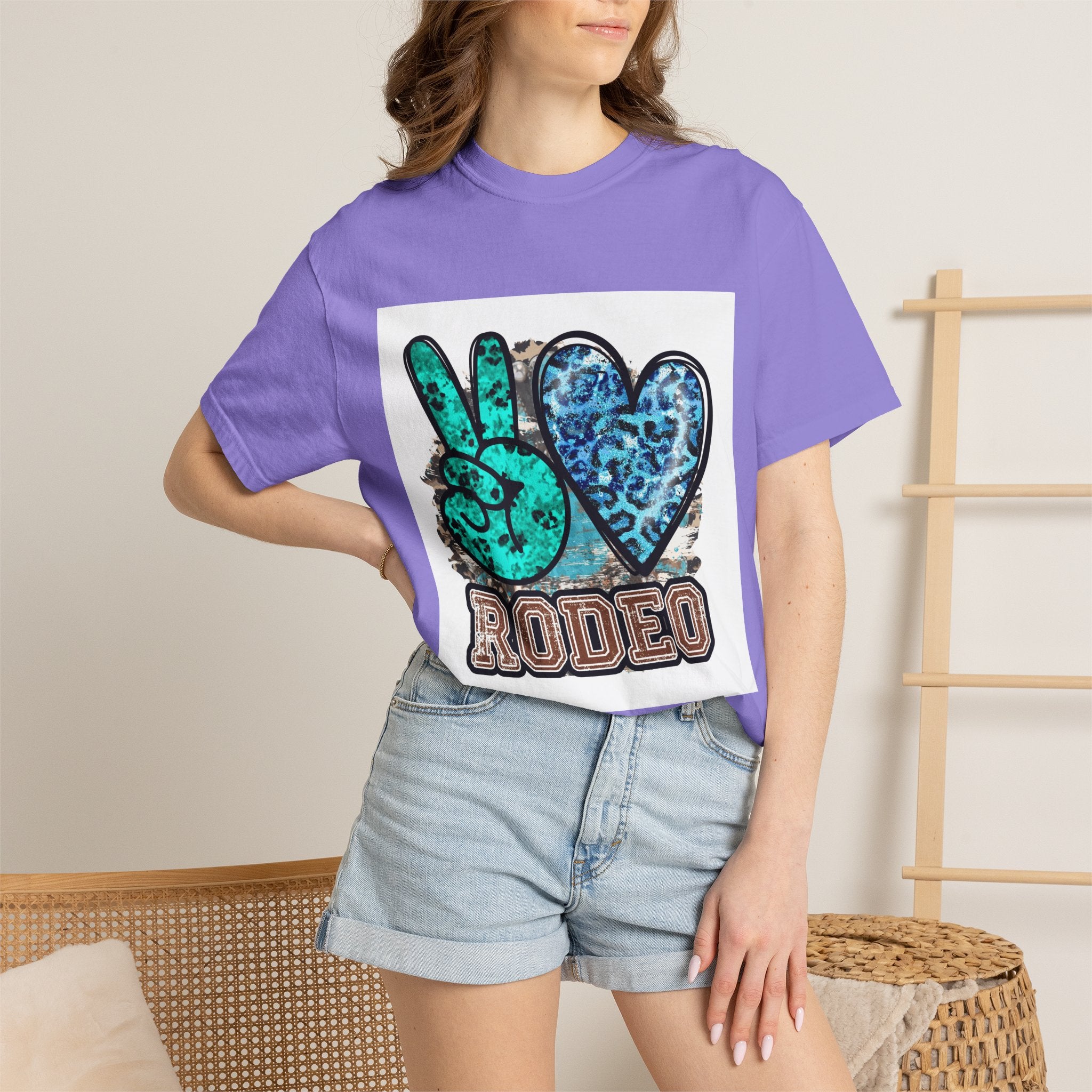 Peace Love Rodeo T‑Shirt — Turquoise Leopard Graphic Rodeo Tee