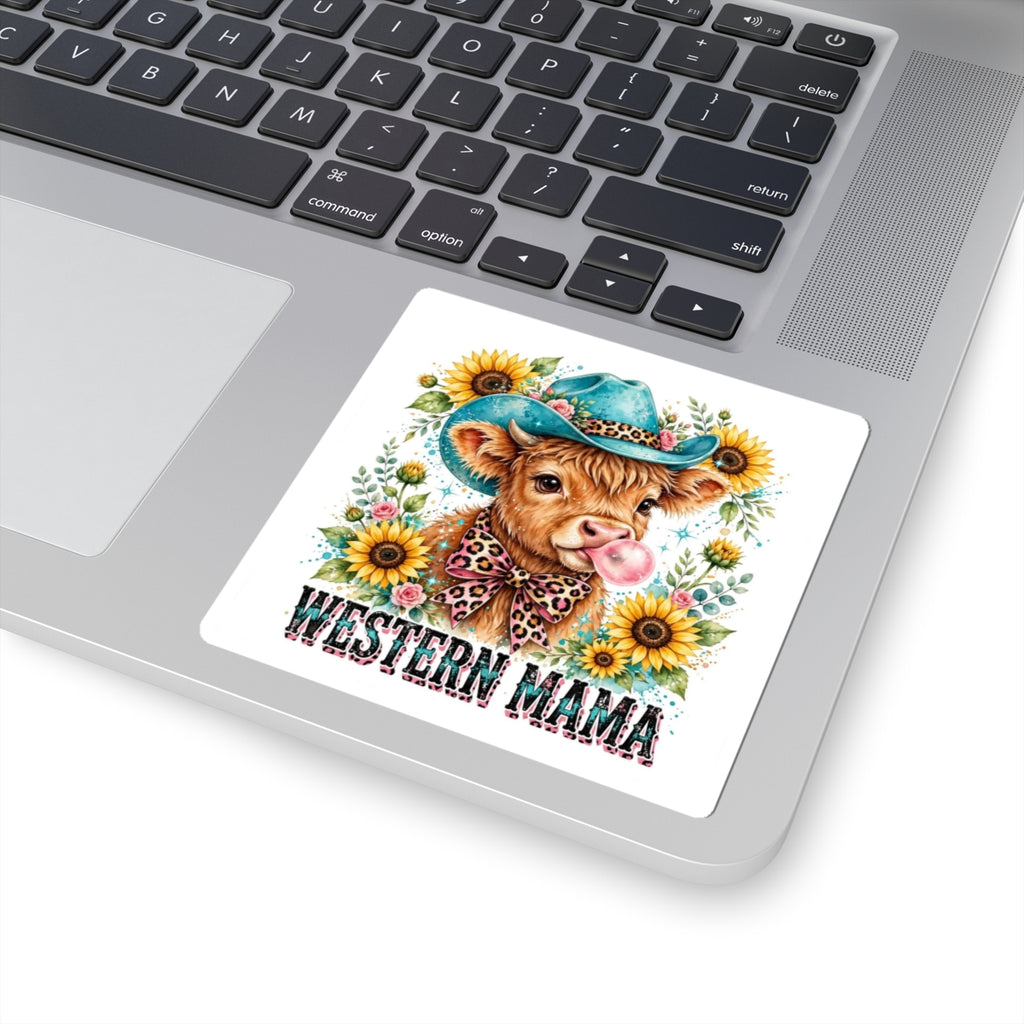 Western Mama Cow Sticker — Cute Cow in Cowboy Hat with Sunflowers (Kiss-Cut)