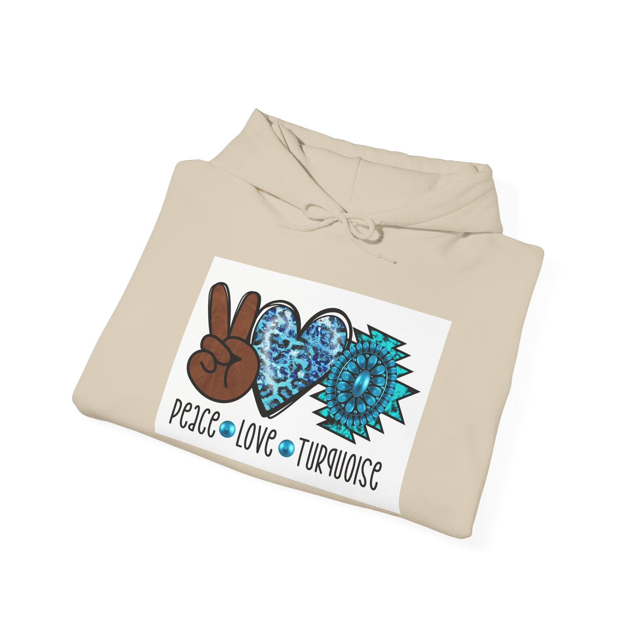 Peace • Love • Turquoise Hoodie — Boho Peace Sign & Turquoise Heart Pullover