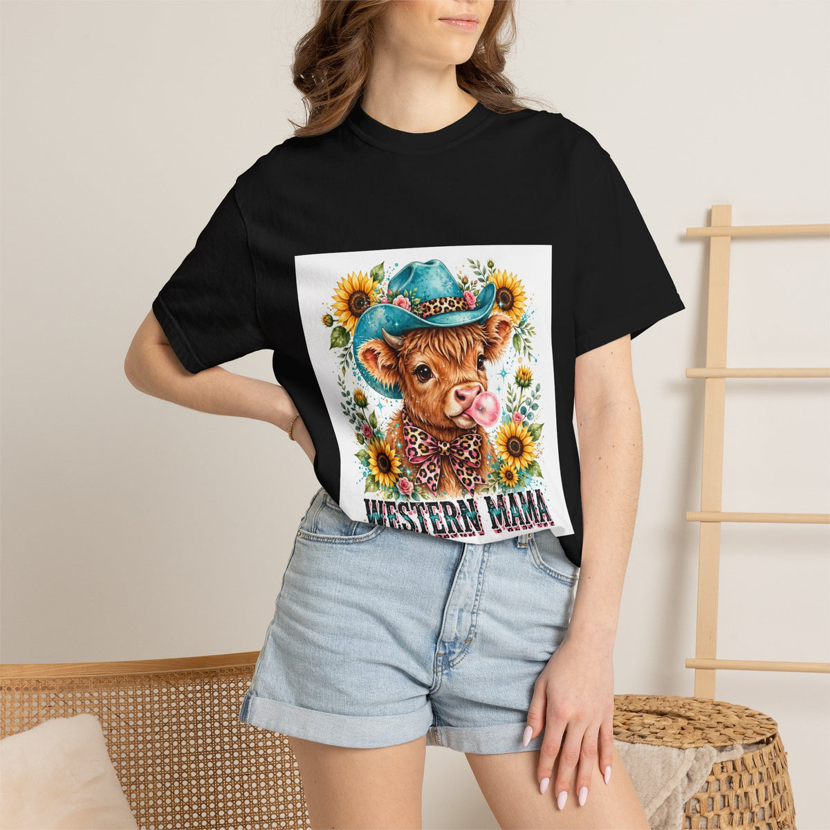 Western Mama Cow Tee — Cute Cow with Cowboy Hat & Sunflowers Graphic T-Shirt