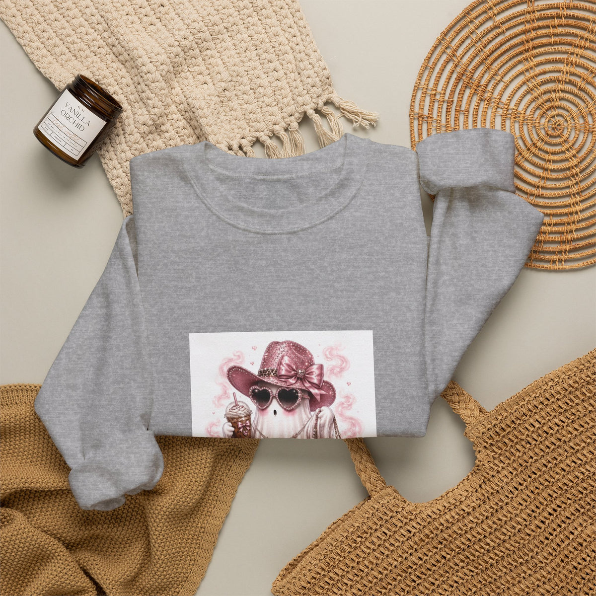 Ghost in Shades Crewneck Sweatshirt — Cute Pink Halloween Ghost Graphic