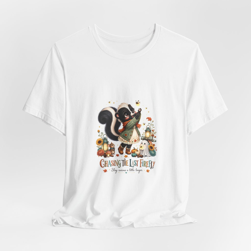 Skunk & Pumpkins Fall Tee — “Chasing the Last Firefly” Cute Autumn Graphic Shirt