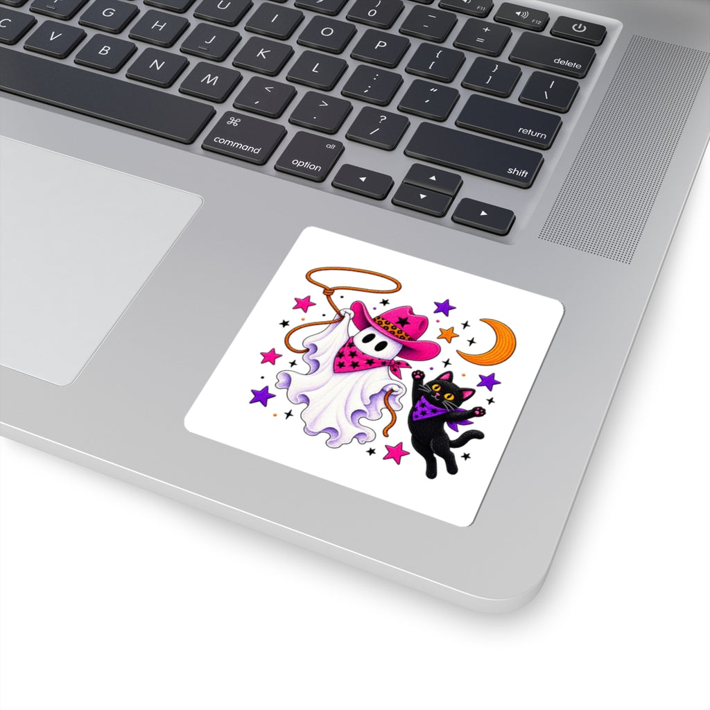 Cowgirl Ghost & Black Cat Sticker — Cute Halloween Kiss-Cut Decal