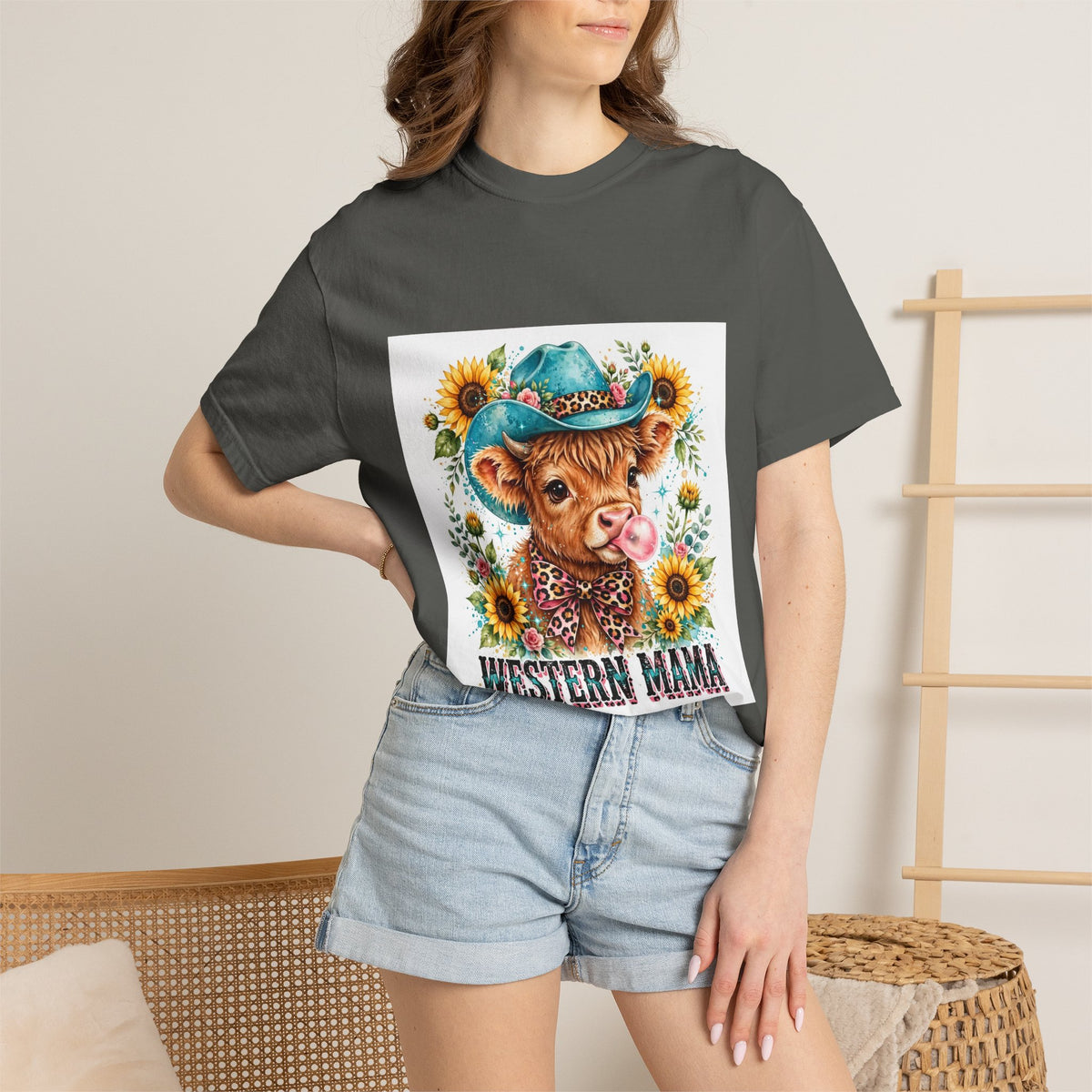 Western Mama Cow Tee — Cute Cow with Cowboy Hat & Sunflowers Graphic T-Shirt