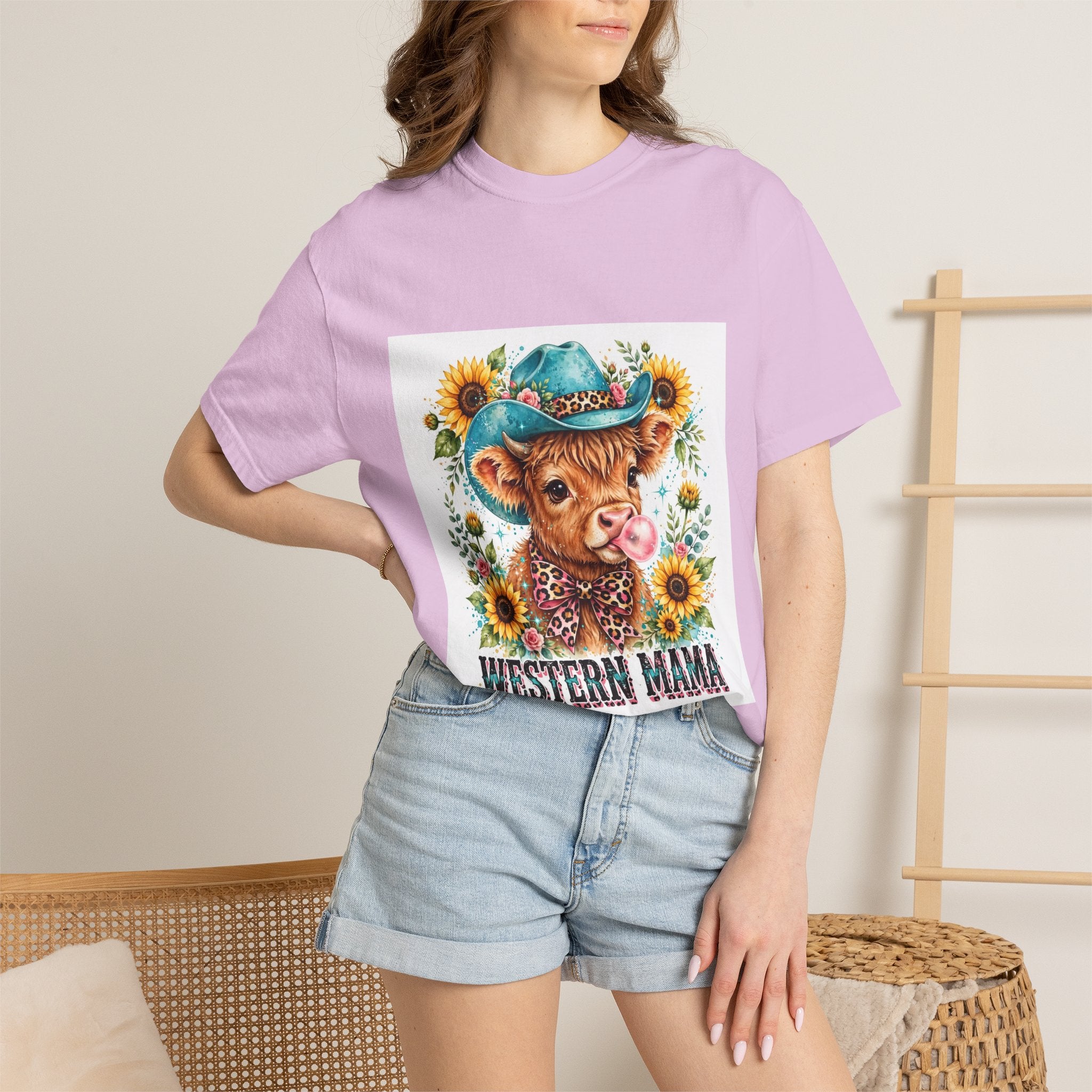 Western Mama Cow Tee — Cute Cow with Cowboy Hat & Sunflowers Graphic T-Shirt