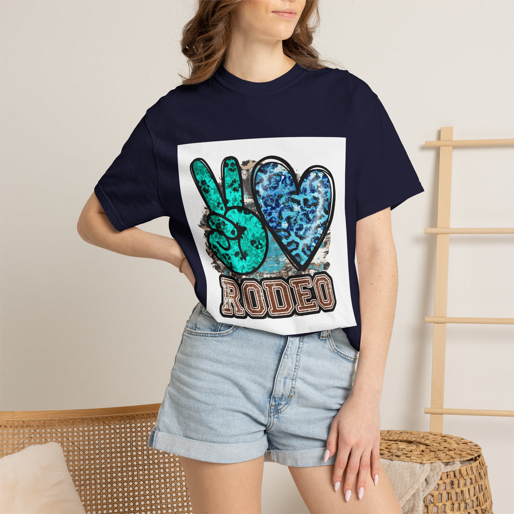 Peace Love Rodeo T‑Shirt — Turquoise Leopard Graphic Rodeo Tee