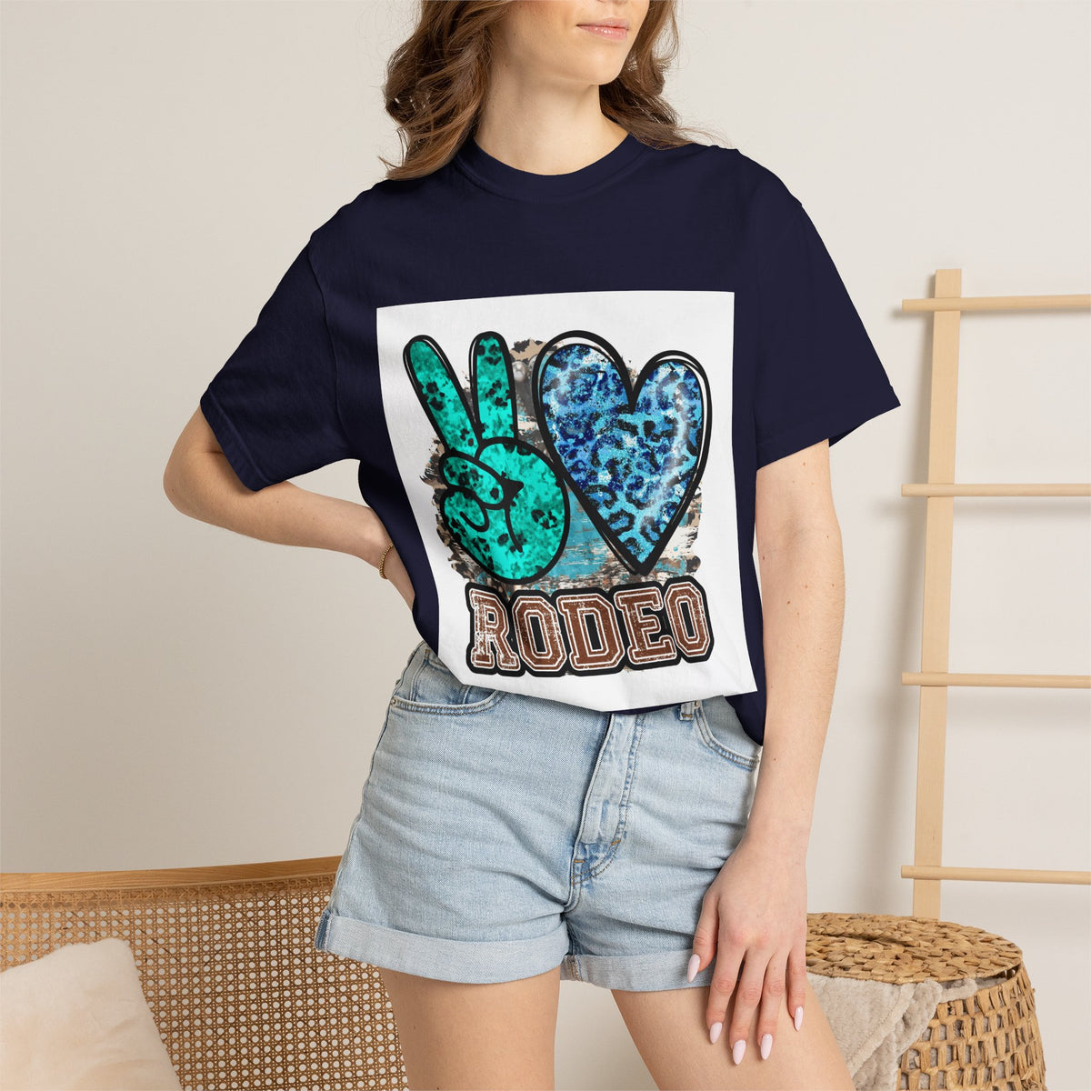 Peace Love Rodeo T‑Shirt — Turquoise Leopard Graphic Rodeo Tee