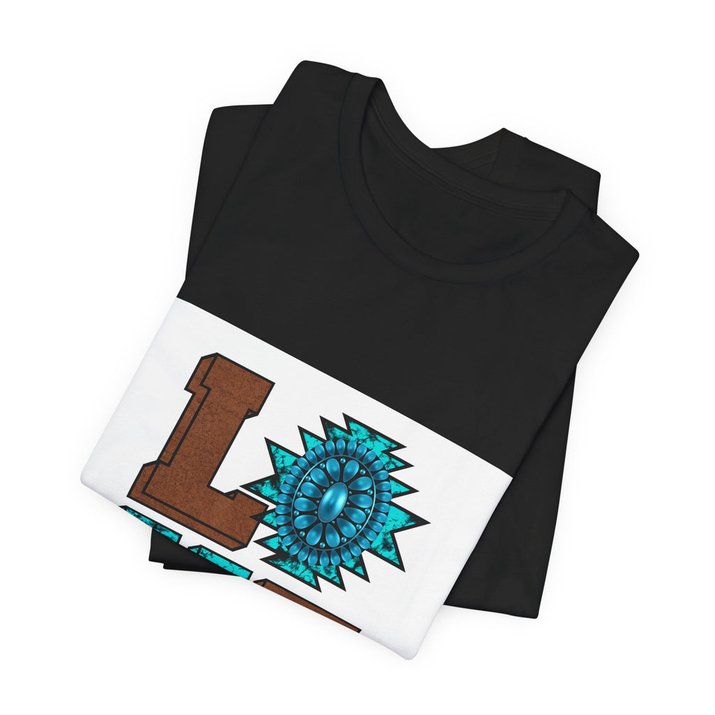 LOVE Southwestern Graphic Tee — Turquoise & Brown Rustic Sunflower Design