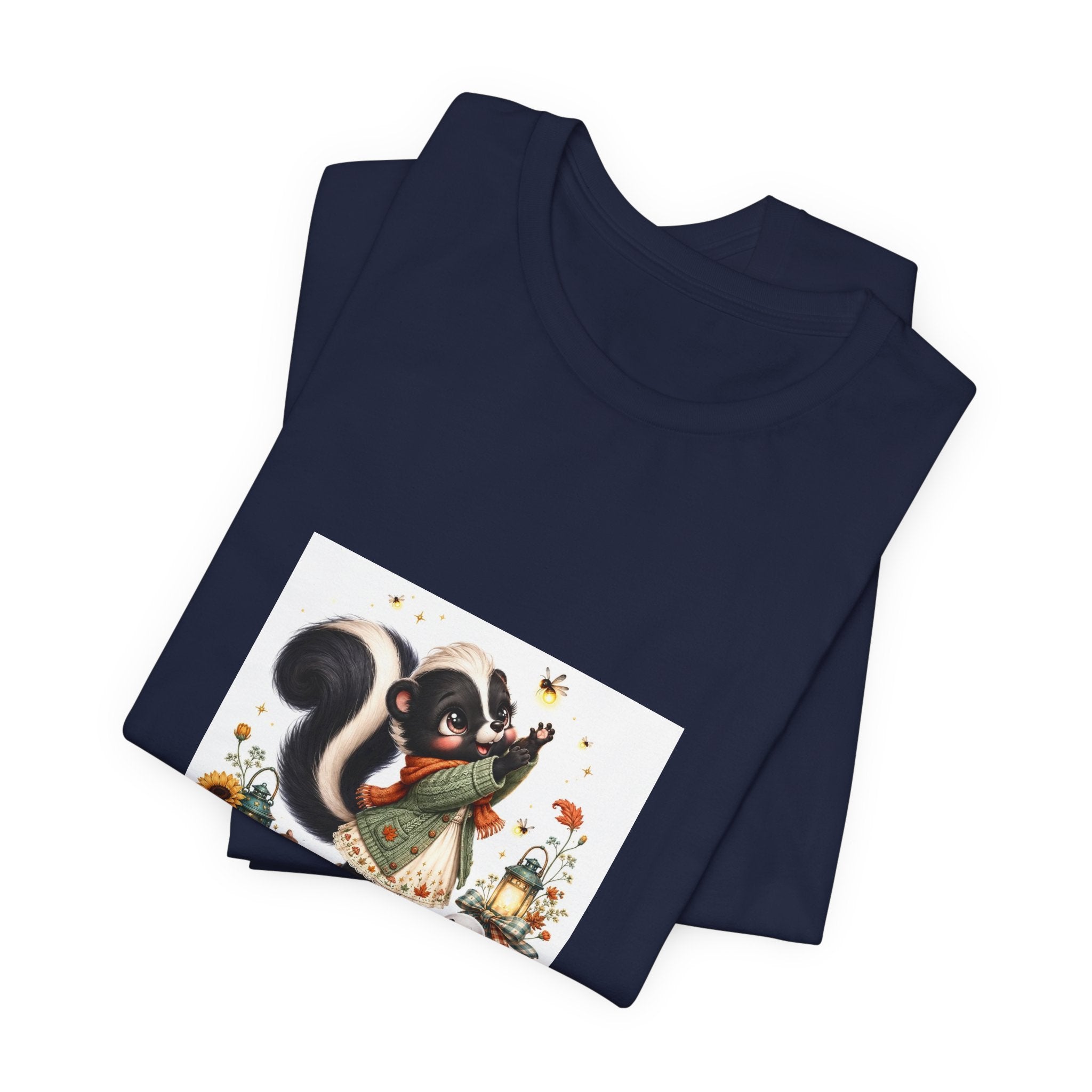 Skunk & Pumpkins Fall Tee — “Chasing the Last Firefly” Cute Autumn Graphic Shirt