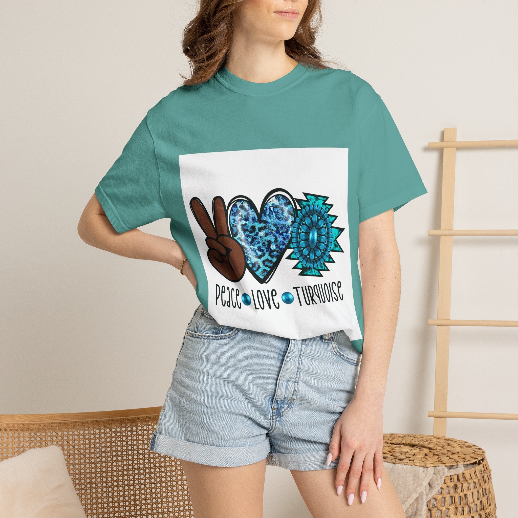 Peace Love Turquoise T-Shirt — Boho Peace Sign & Heart Graphic Tee