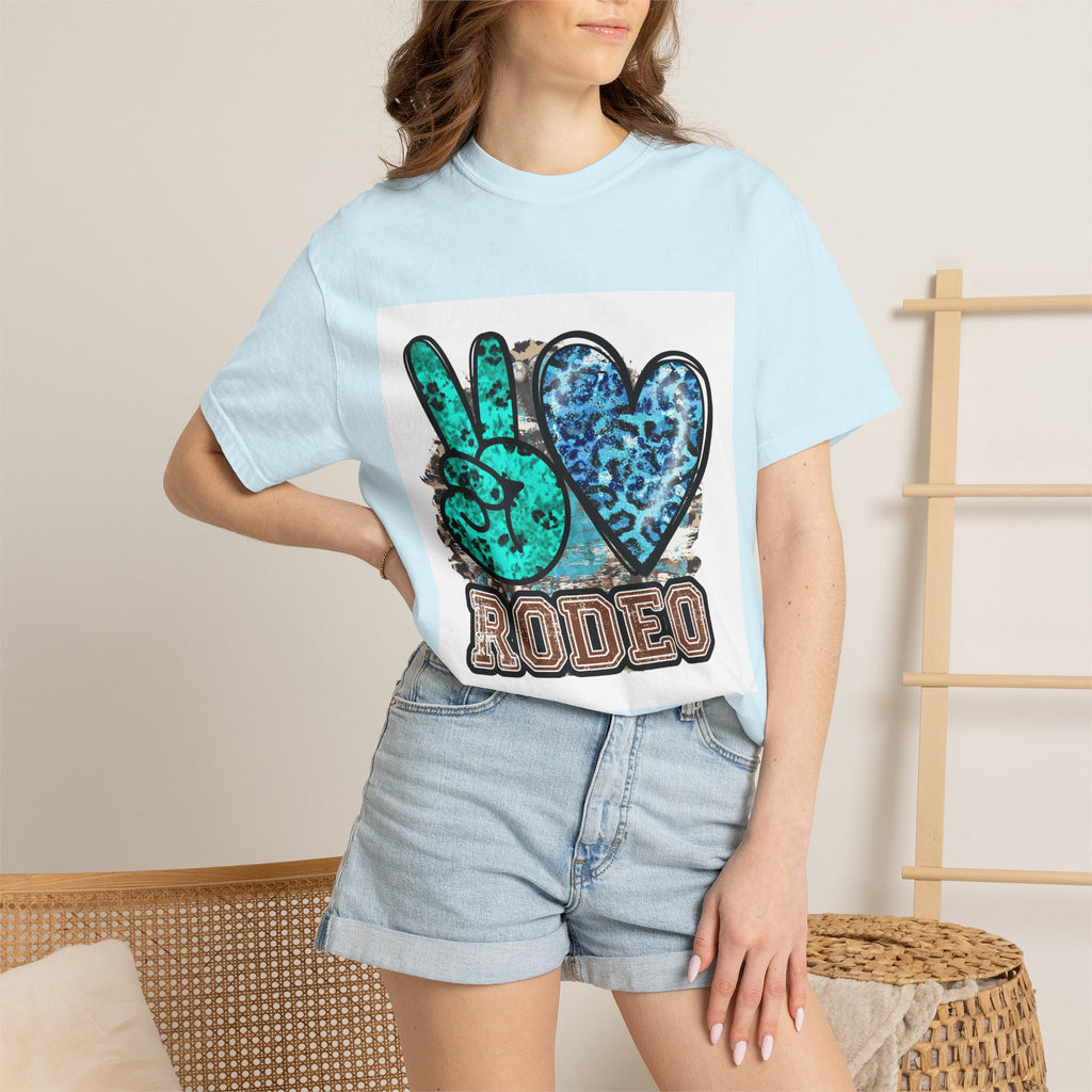 Peace Love Rodeo T‑Shirt — Turquoise Leopard Graphic Rodeo Tee