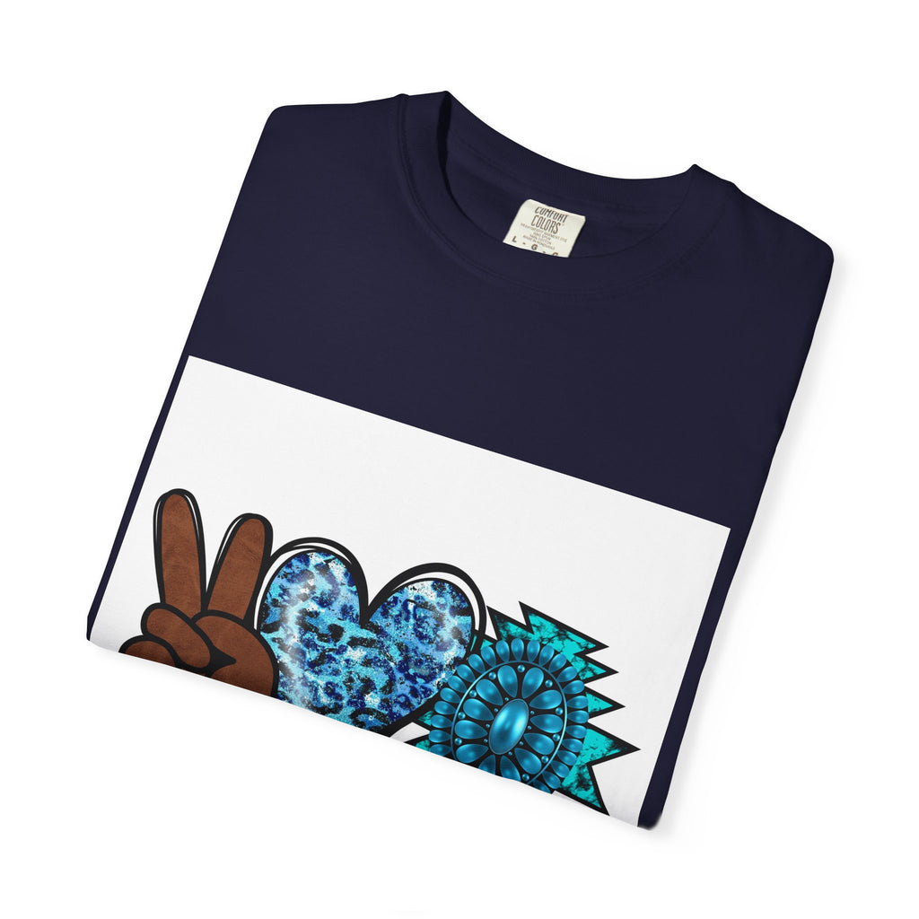 Peace Love Turquoise T-Shirt — Boho Peace Sign & Heart Graphic Tee