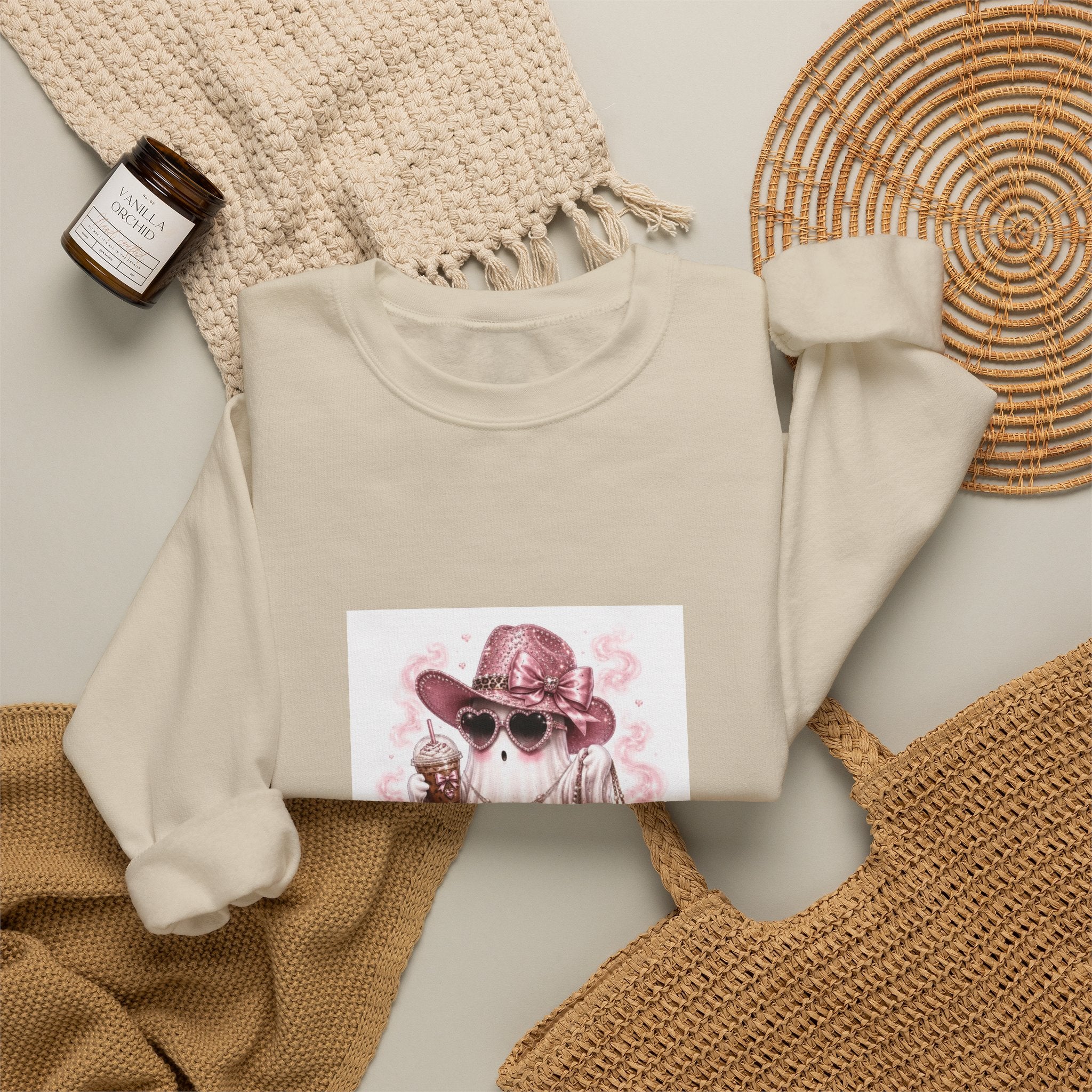 Ghost in Shades Crewneck Sweatshirt — Cute Pink Halloween Ghost Graphic