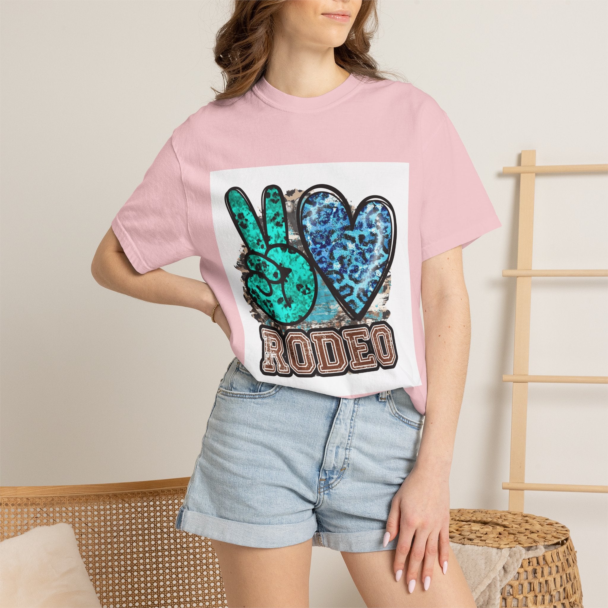 Peace Love Rodeo T‑Shirt — Turquoise Leopard Graphic Rodeo Tee