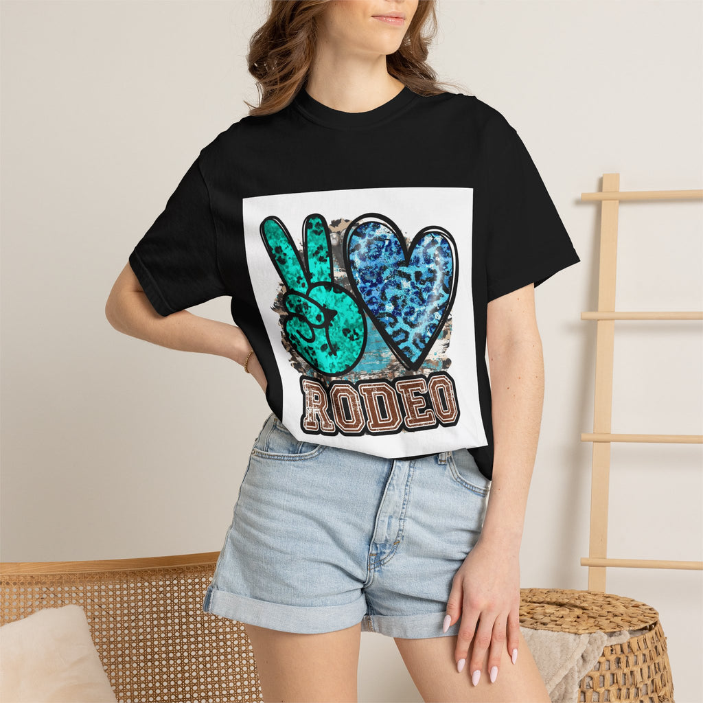 Peace Love Rodeo T‑Shirt — Turquoise Leopard Graphic Rodeo Tee