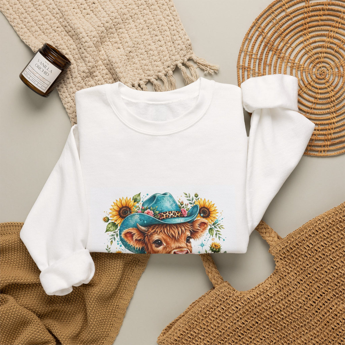 Western Mama Cow Sweatshirt — Sunflower Cowboy Cow Graphic Crewneck