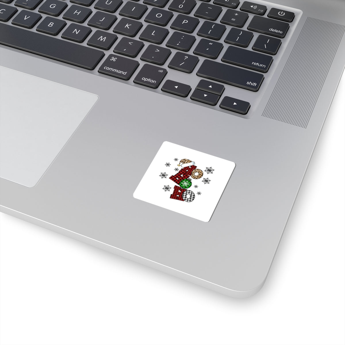 Holiday ‘Ho Ho Ho’ Plaid & Leopard Kiss-Cut Sticker — Christmas Snowflake Laptop Decal