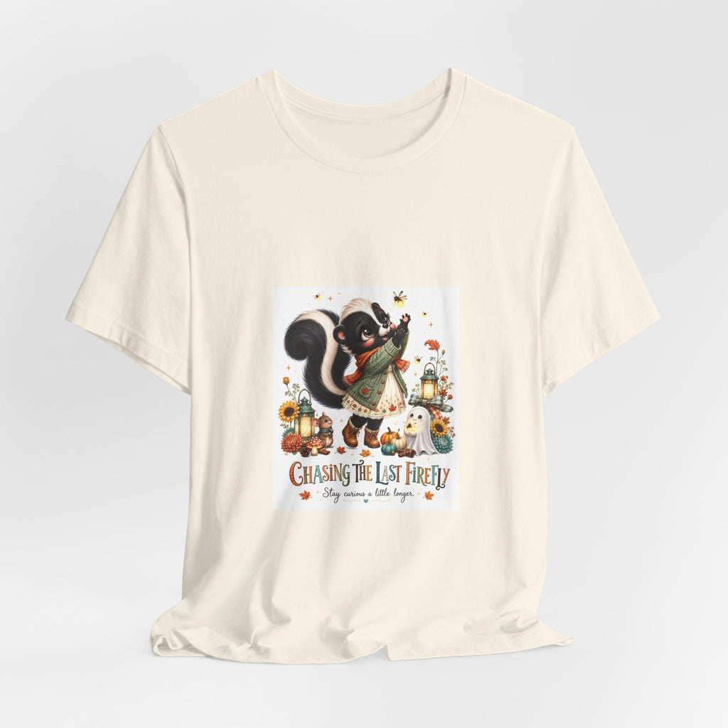 Skunk & Pumpkins Fall Tee — “Chasing the Last Firefly” Cute Autumn Graphic Shirt
