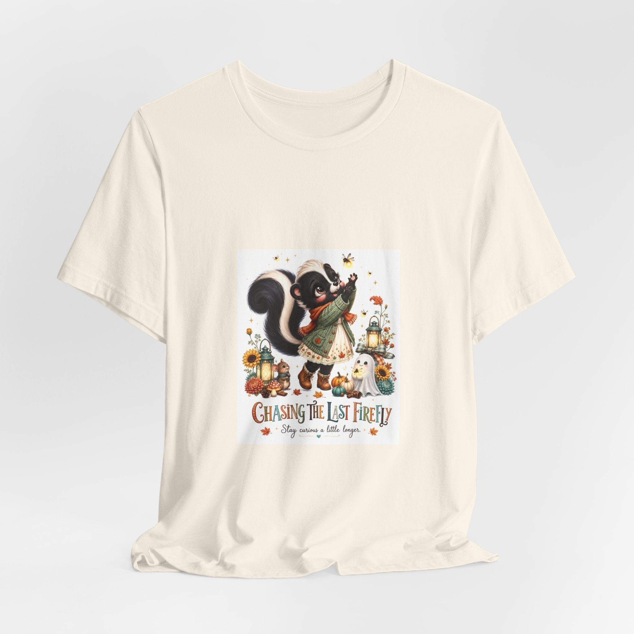 Skunk & Pumpkins Fall Tee — “Chasing the Last Firefly” Cute Autumn Graphic Shirt
