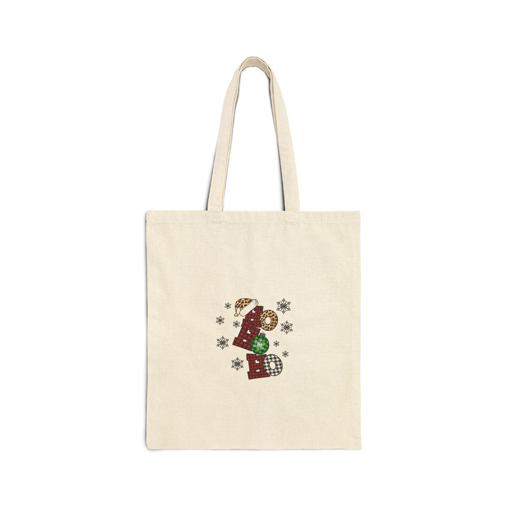 Canvas Tote Bag — 'Noel' Christmas Graphic with Plaid Ornaments & Snowflakes