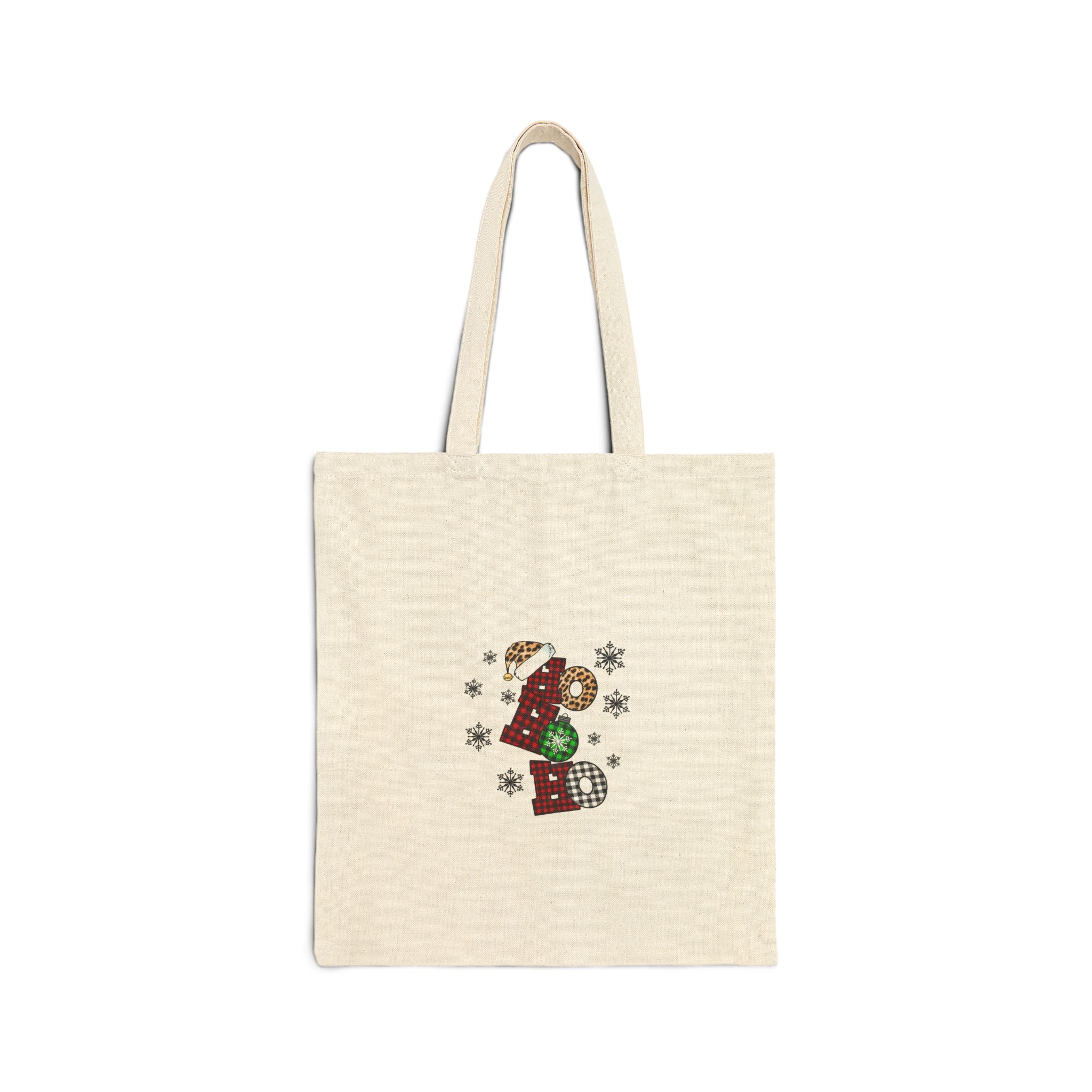 Canvas Tote Bag — 'Noel' Christmas Graphic with Plaid Ornaments & Snowflakes