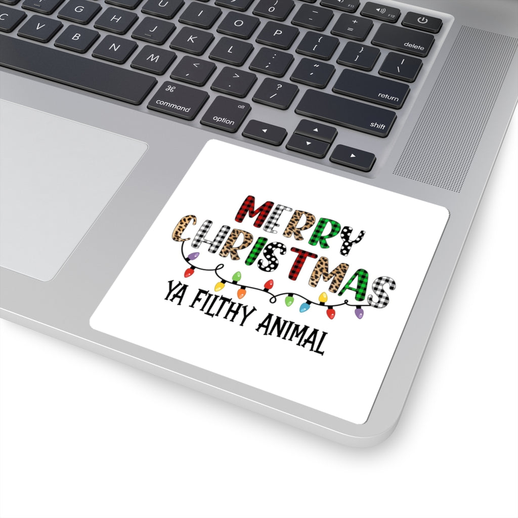 Merry Christmas Ya Filthy Animal Sticker — Holiday Plaid & Leopard Kiss-Cut Sticker