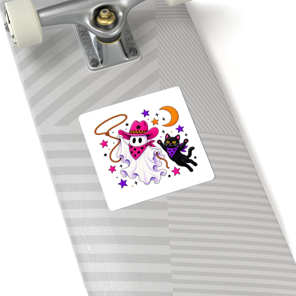 Cowgirl Ghost & Black Cat Sticker — Cute Halloween Kiss-Cut Decal