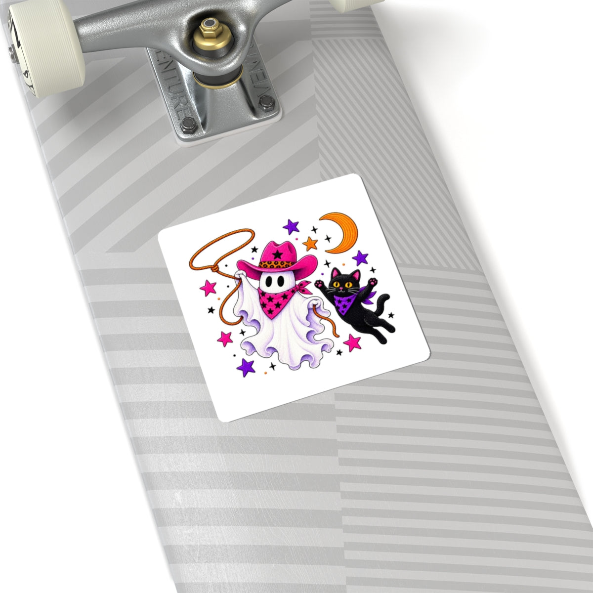 Cowgirl Ghost & Black Cat Sticker — Cute Halloween Kiss-Cut Decal