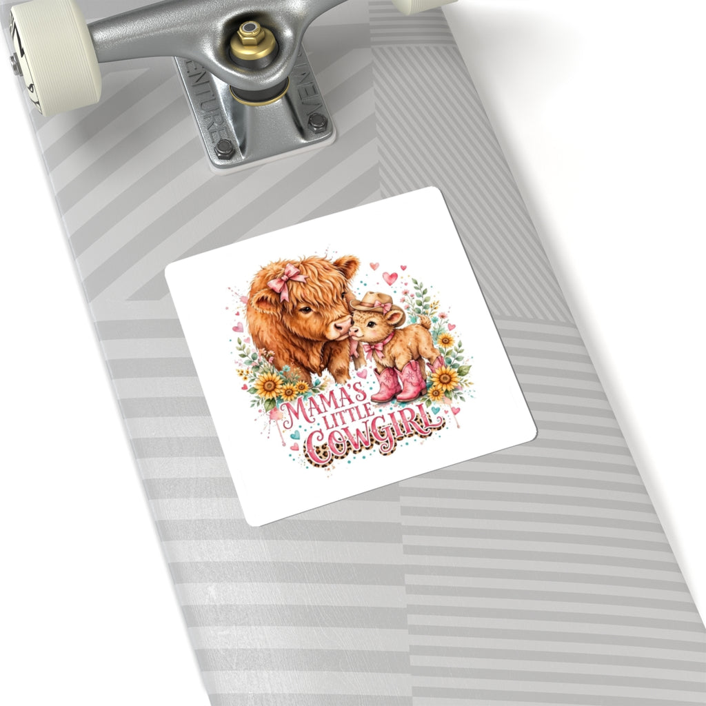 Mama’s Little Cowgirl Kiss-Cut Sticker — Adorable Highland Cow Mom & Calf Floral Decal