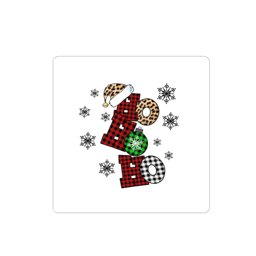 Holiday ‘Ho Ho Ho’ Plaid & Leopard Kiss-Cut Sticker — Christmas Snowflake Laptop Decal