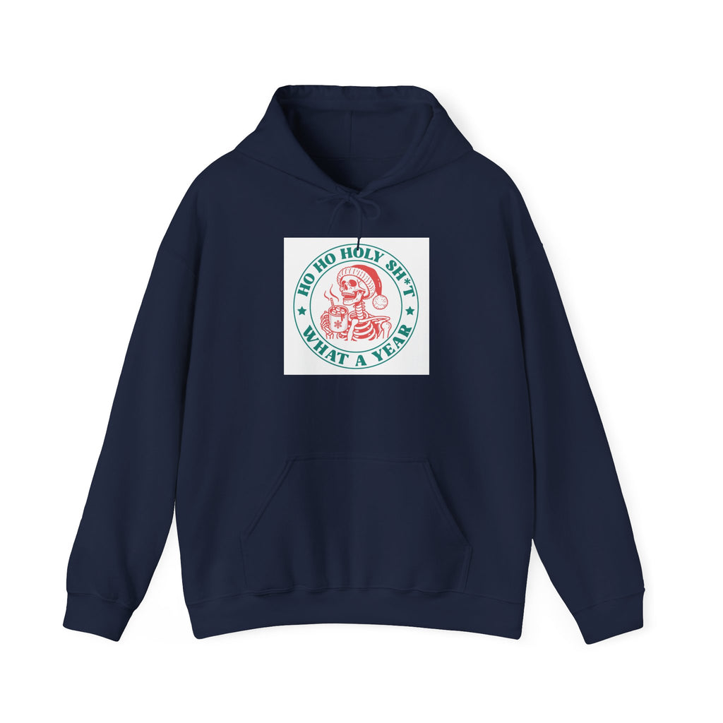 Vintage Santa Badge Hoodie — "Ho Ho Holy Shit What A Year" Christmas Sweatshirt