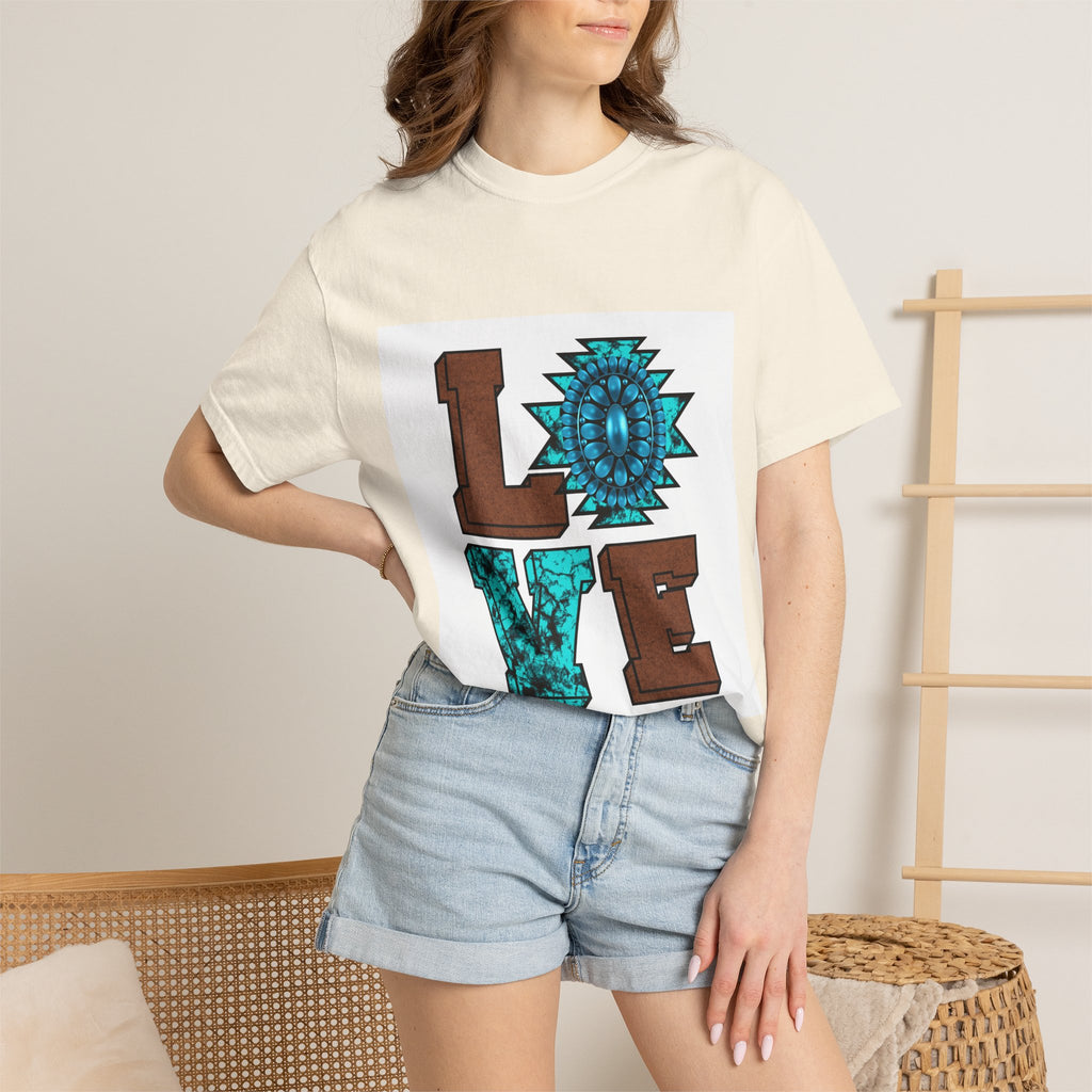 LOVE Southwestern Graphic T-Shirt — Turquoise Aztec Heart Design